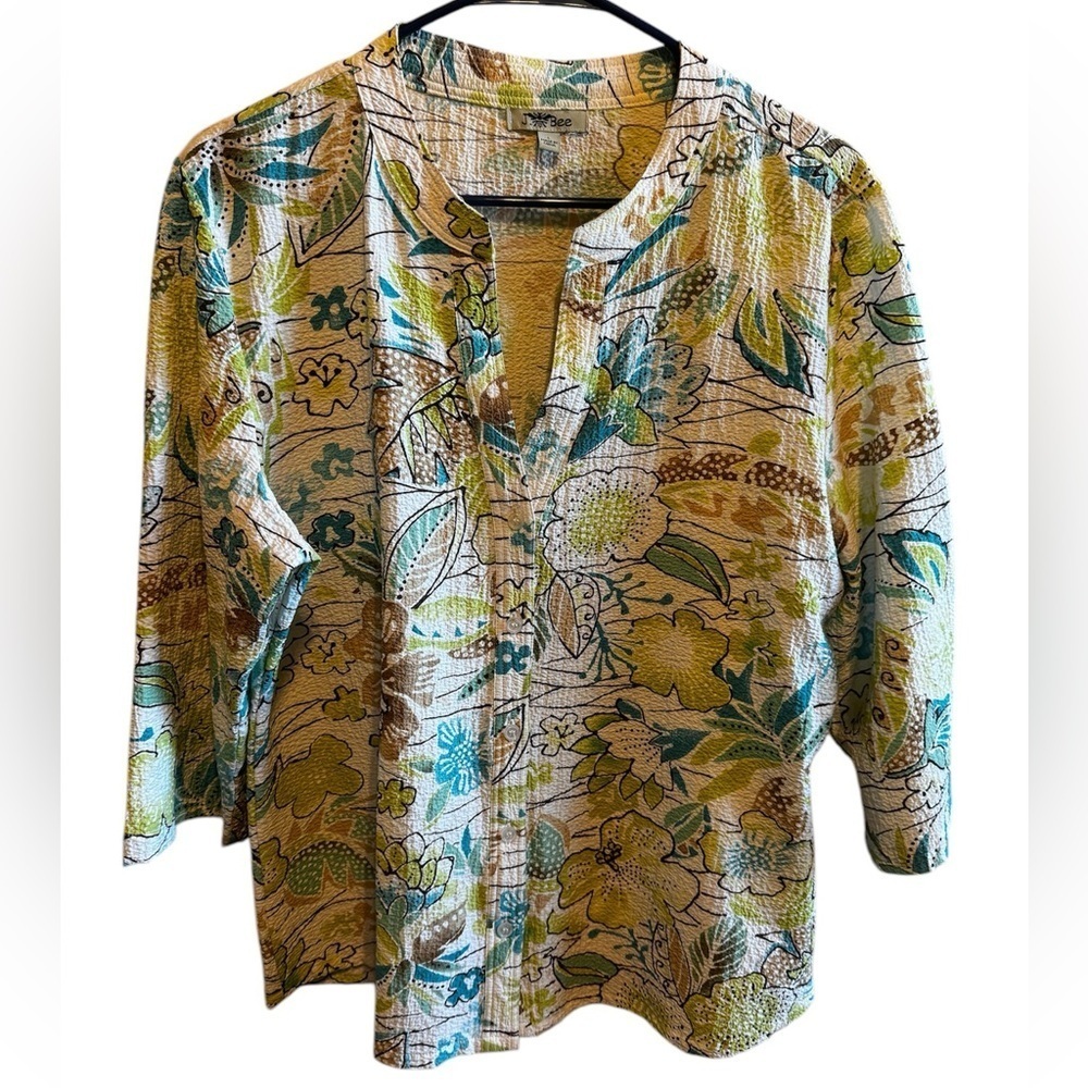 J. Bee Rayon Button Down V Neck Women’s Blouse 3/4 Length Sleeve Blouse Sz L